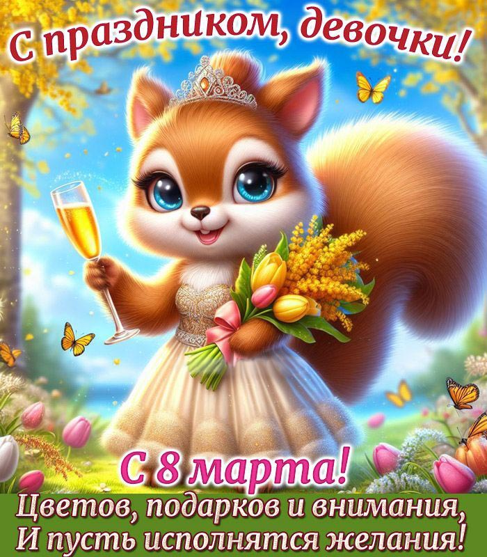 Открытка с Международным Женским Днем 8 марта. Белочка с цветами и бокалом, пожелания.