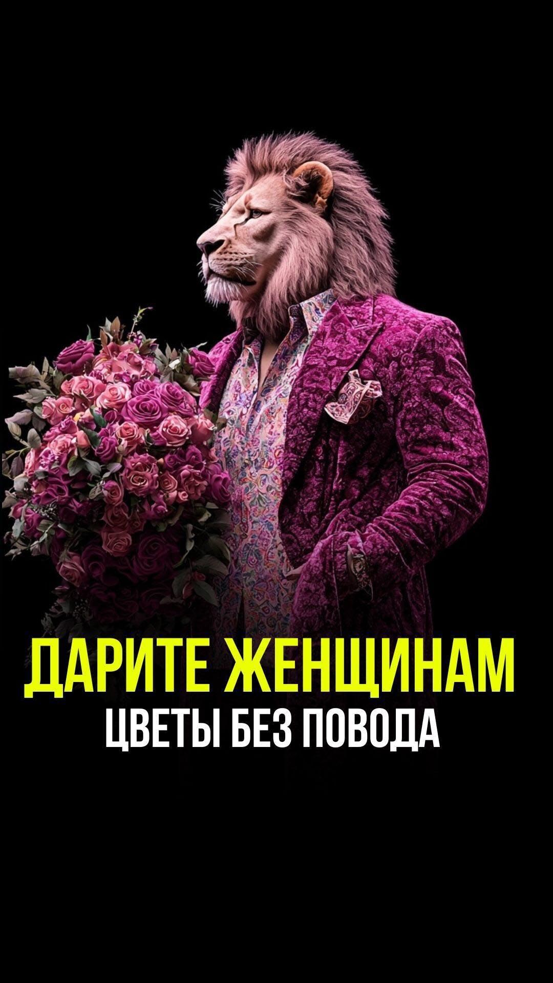 Дарите женщинам цветы без повода. Лев с цветами.