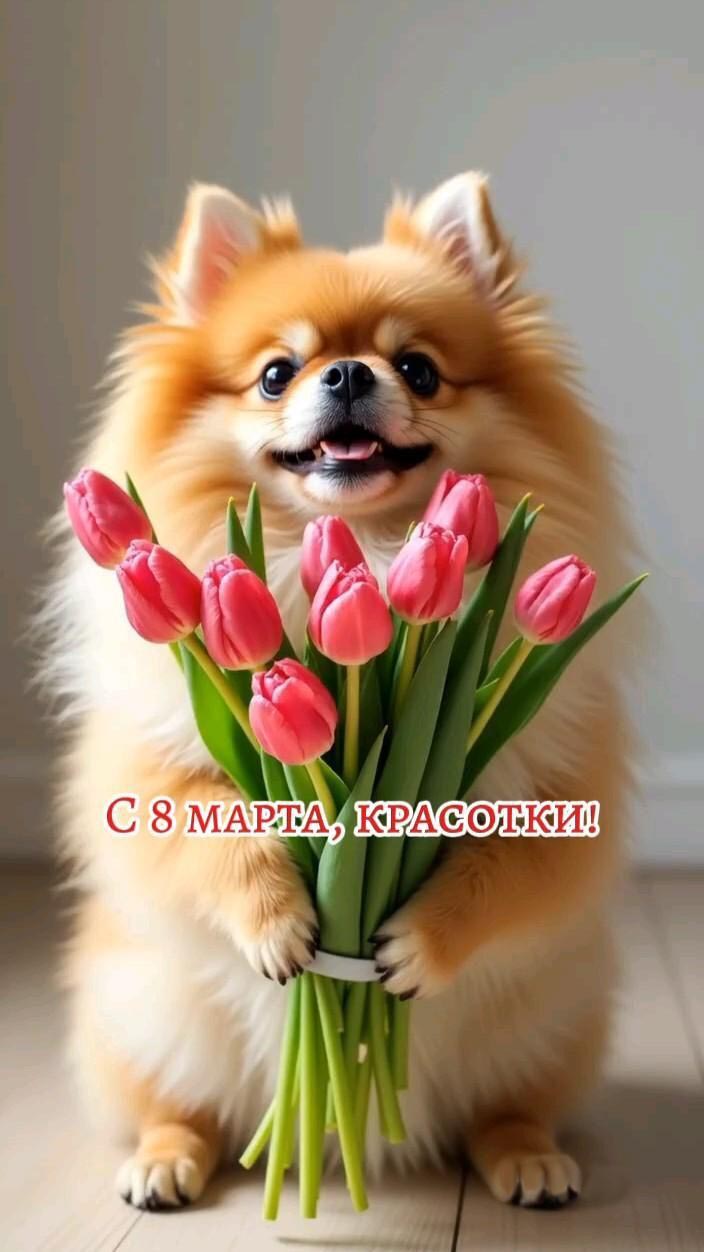 Открытка с Международным Женским Днем 8 марта. Собачка с цветами.