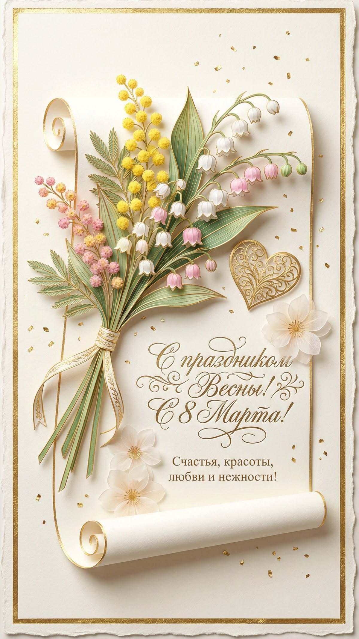 Открытка с Международным Женским Днем 8 марта. Нежные цветы и пожелания.