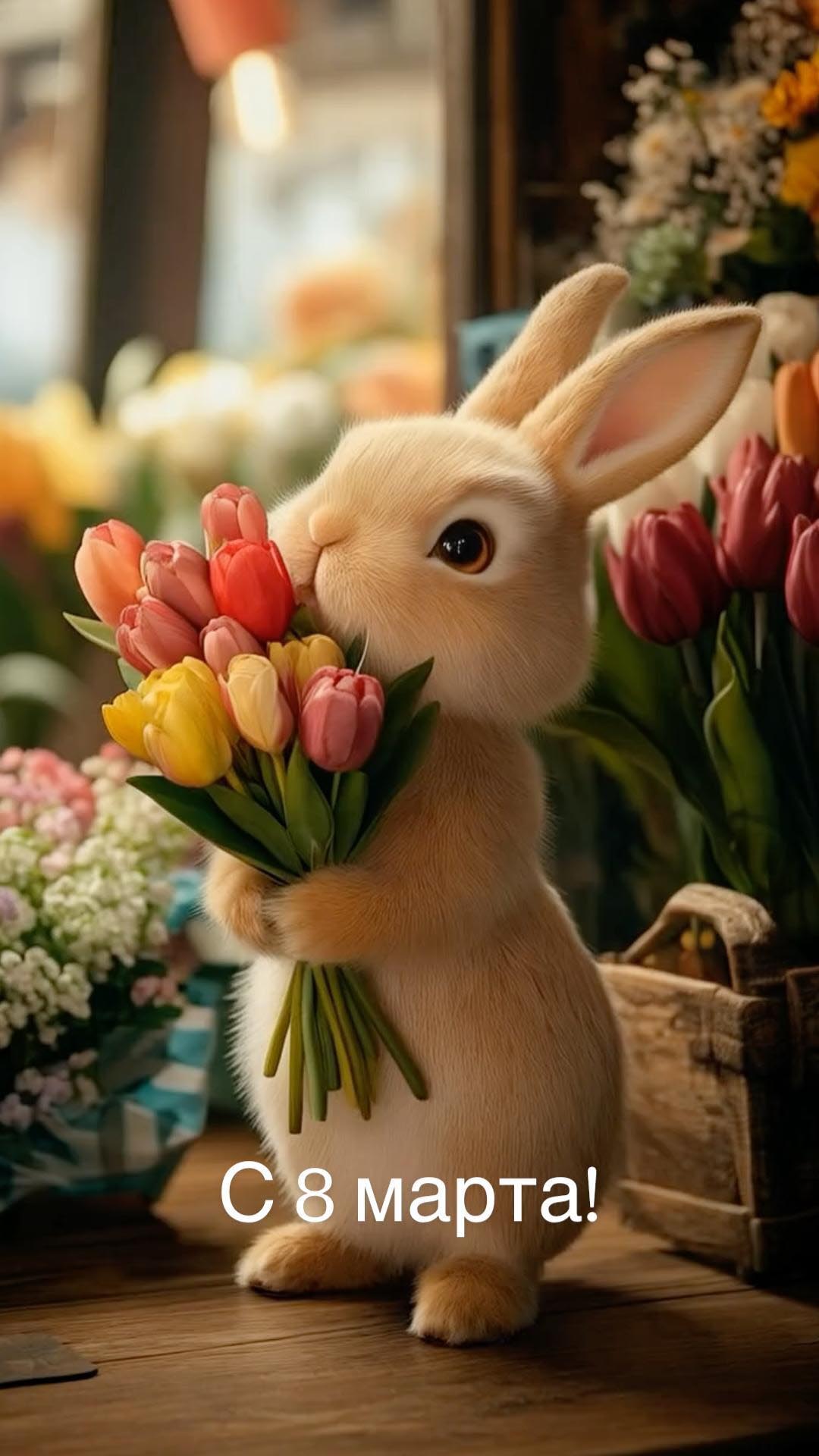 Открытка с Международным Женским Днем 8 марта. Зайчик с тюльпанами.