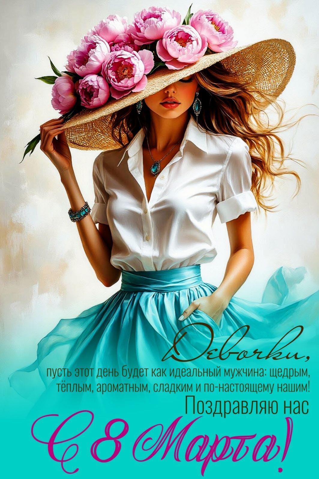 Открытка с Международным Женским Днем 8 марта. Девушка в шляпе, пожелания.