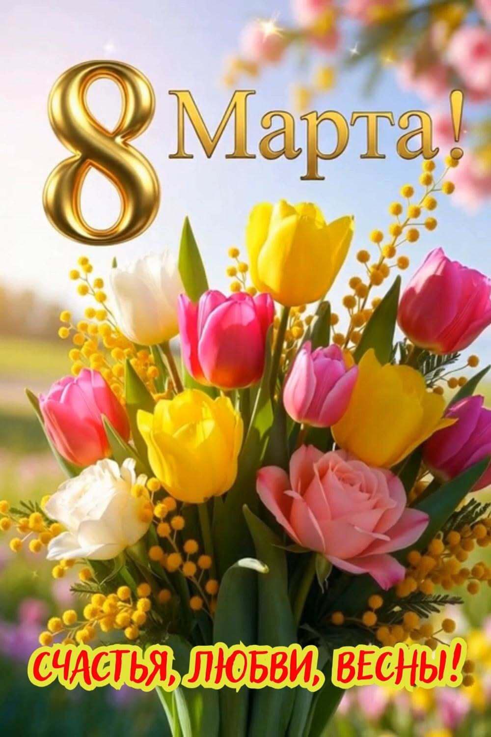 Открытка с Международным Женским Днем 8 марта. Яркие цветы, пожелания.