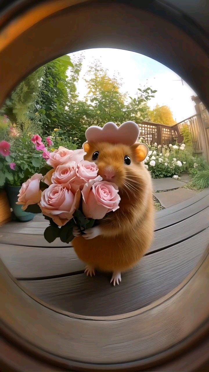 Хомячок с цветами у двери виден в дверной глазок.