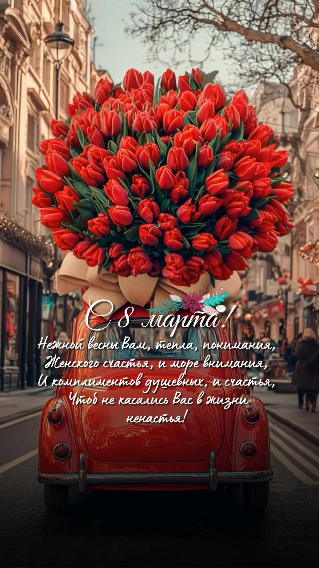 Открытка с Международным Женским Днем 8 марта. Красивые пожелания и автомобиль с цветами.