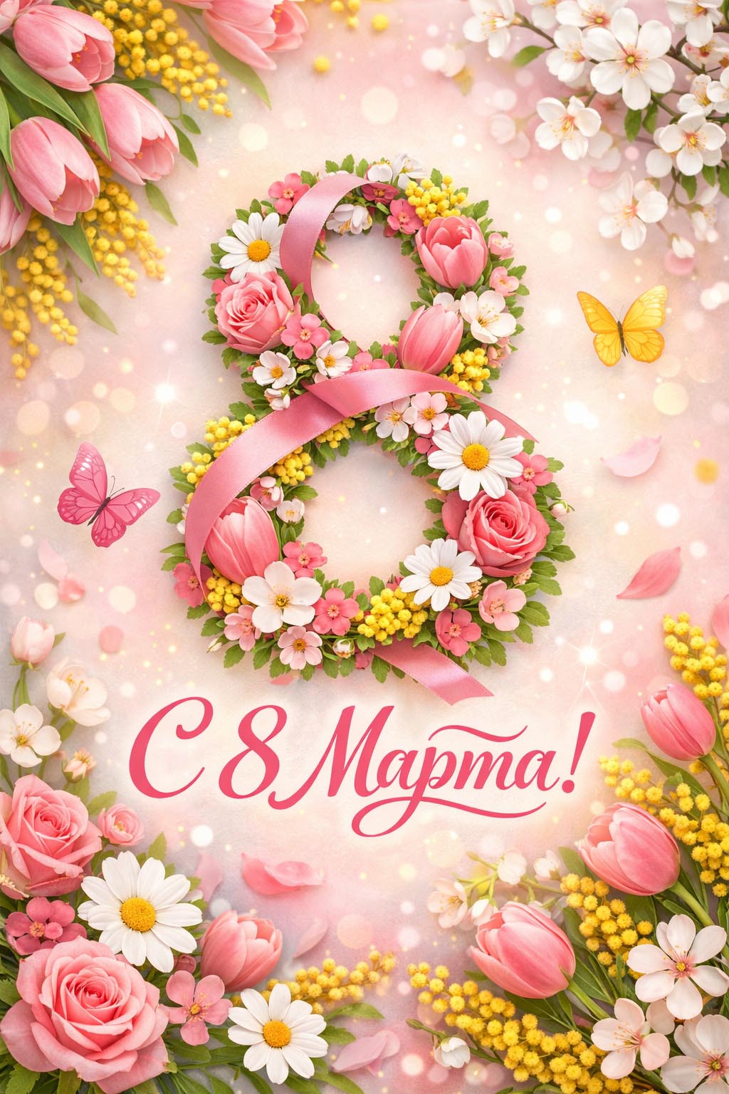 Открытка с Международным Женским Днем 8 марта. Бабочки и цветы.