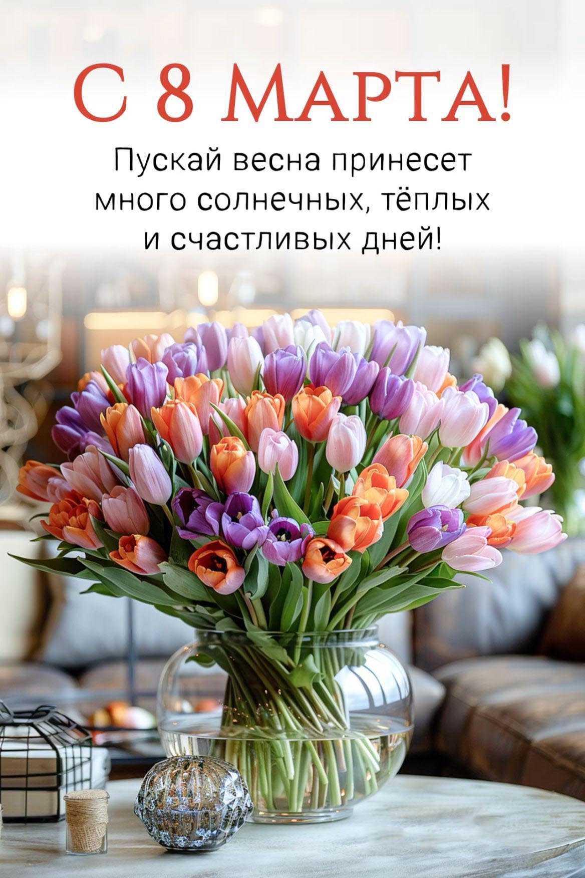 Открытка с Международным Женским Днем 8 марта. Пожелания и цветы.