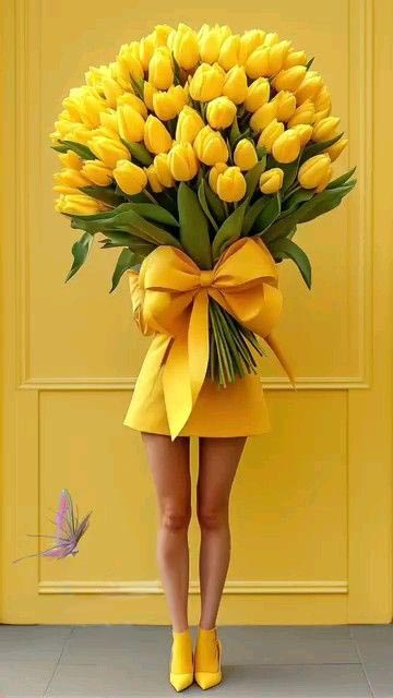 Девушка с огромным букетом желтых цветов.