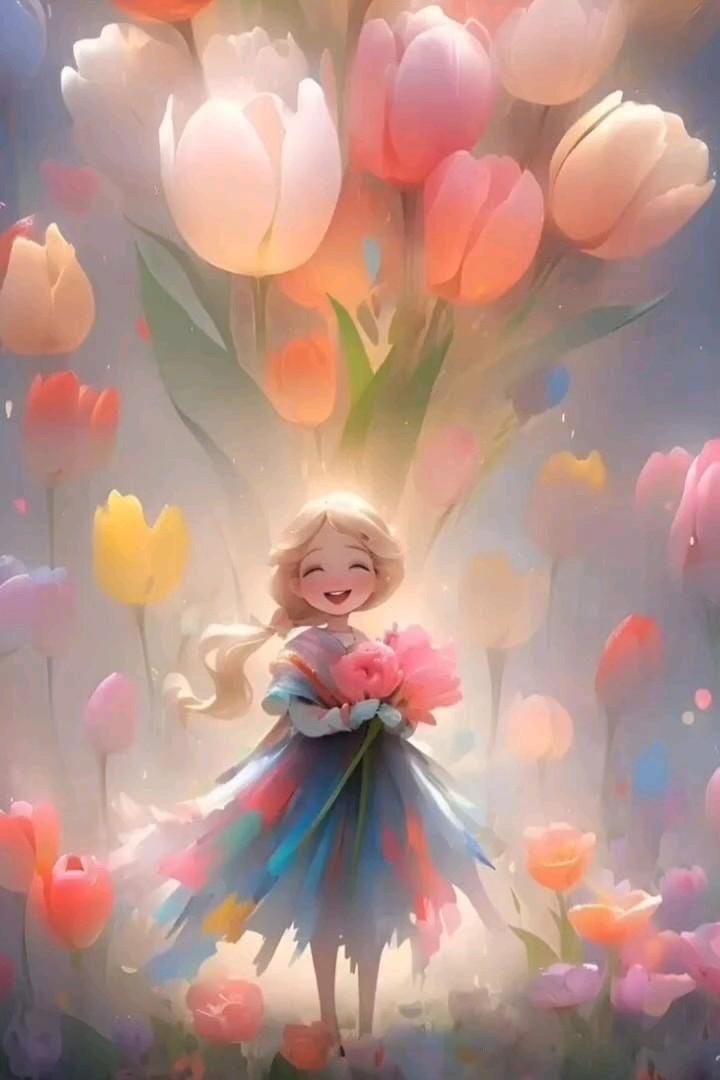 Девушка с цветами. Без текста. Тюльпаны.