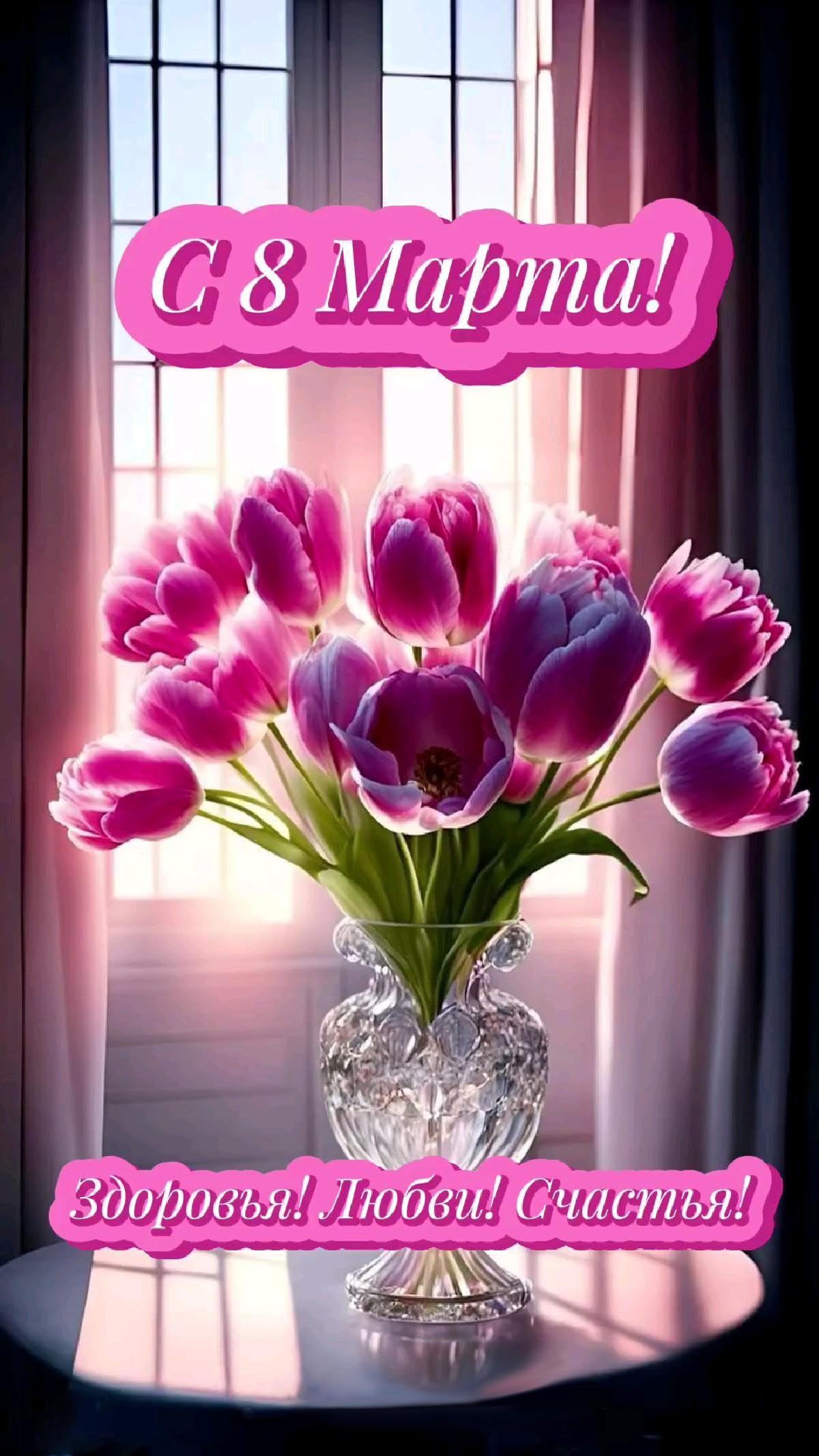 Открытка с Международным Женским Днем 8 марта. Пожелания и бардовые тюльпаны.