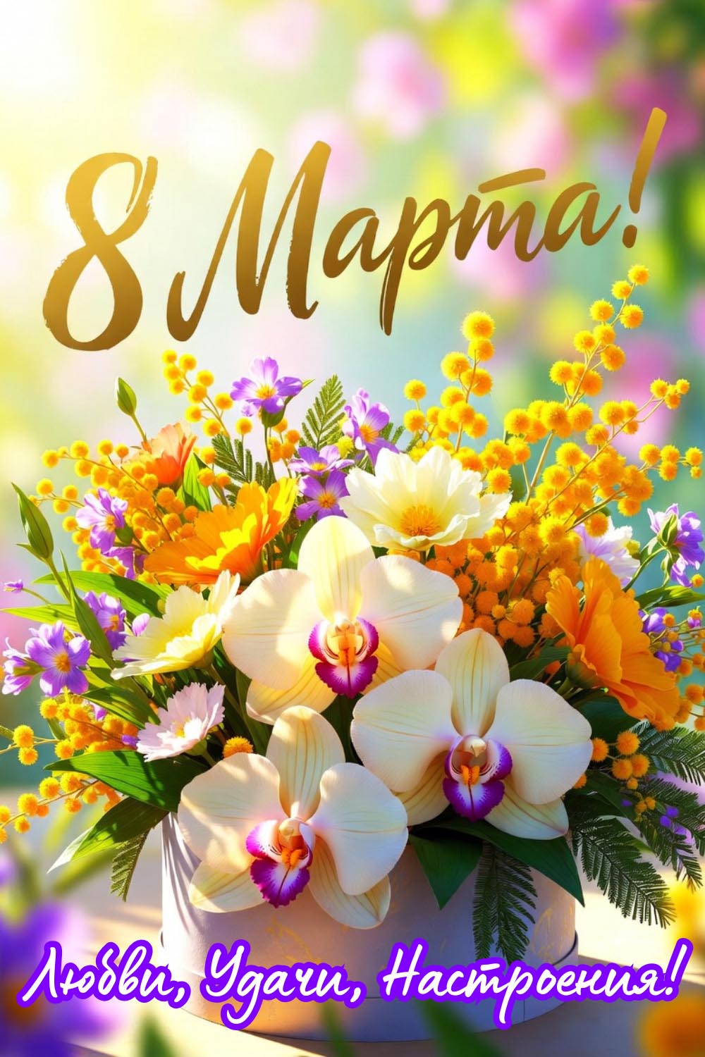Открытка с Международным Женским Днем 8 марта. Яркие цветы и пожелания.