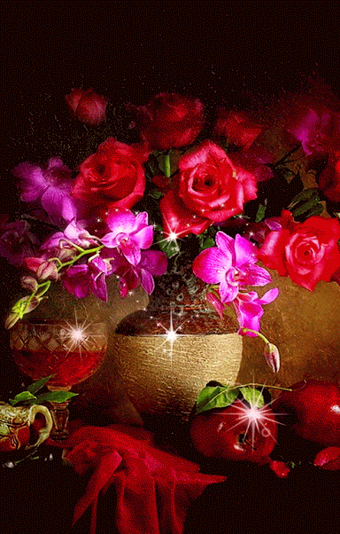 Открытка с днем рождения женщина gif анимационная мерцающая. Без текста. Цветы и сердечко.