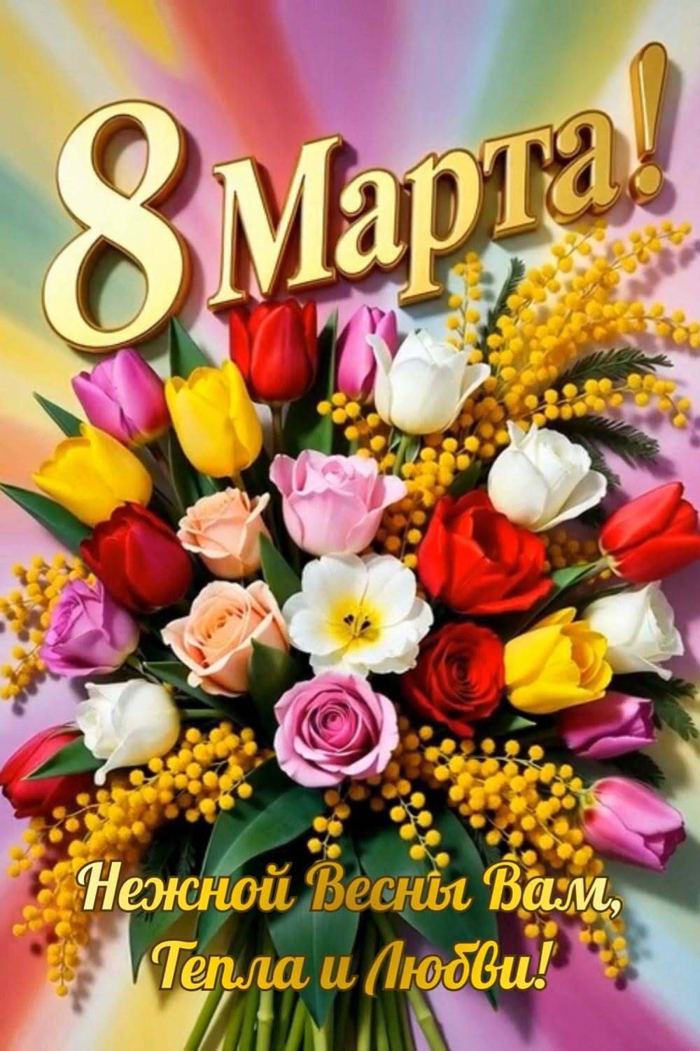 Открытка с Международным Женским Днем 8 марта. Цветы и пожелания.