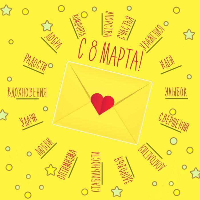 Открытка с Международным Женским Днем 8 марта в виде открытки с пожеланиями.
