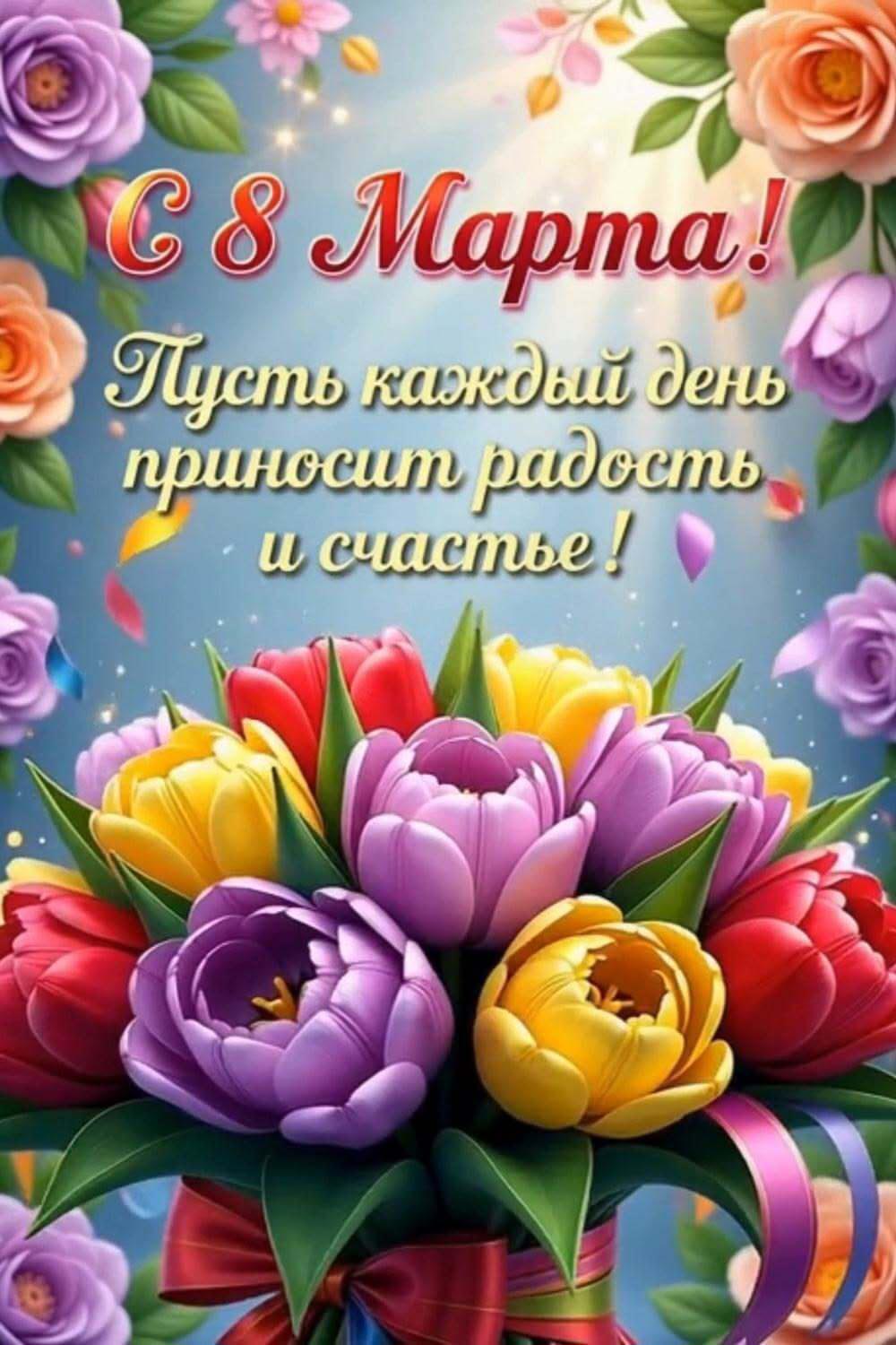 Открытка с Международным Женским Днем 8 марта. Цветы и пожелания.