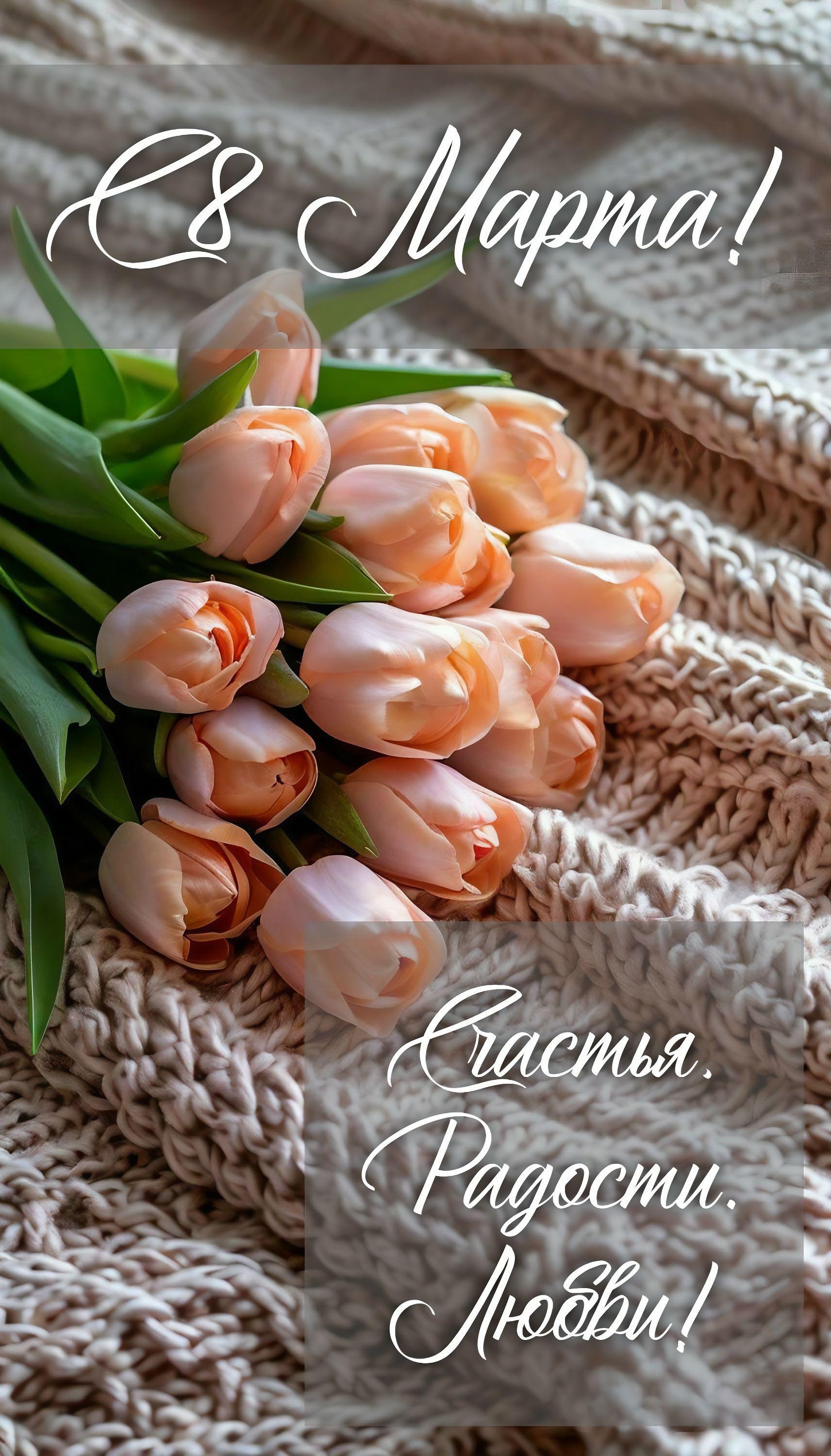 Открытка с Международным Женским Днем 8 марта. Нежные тюльпаны, пожелания.