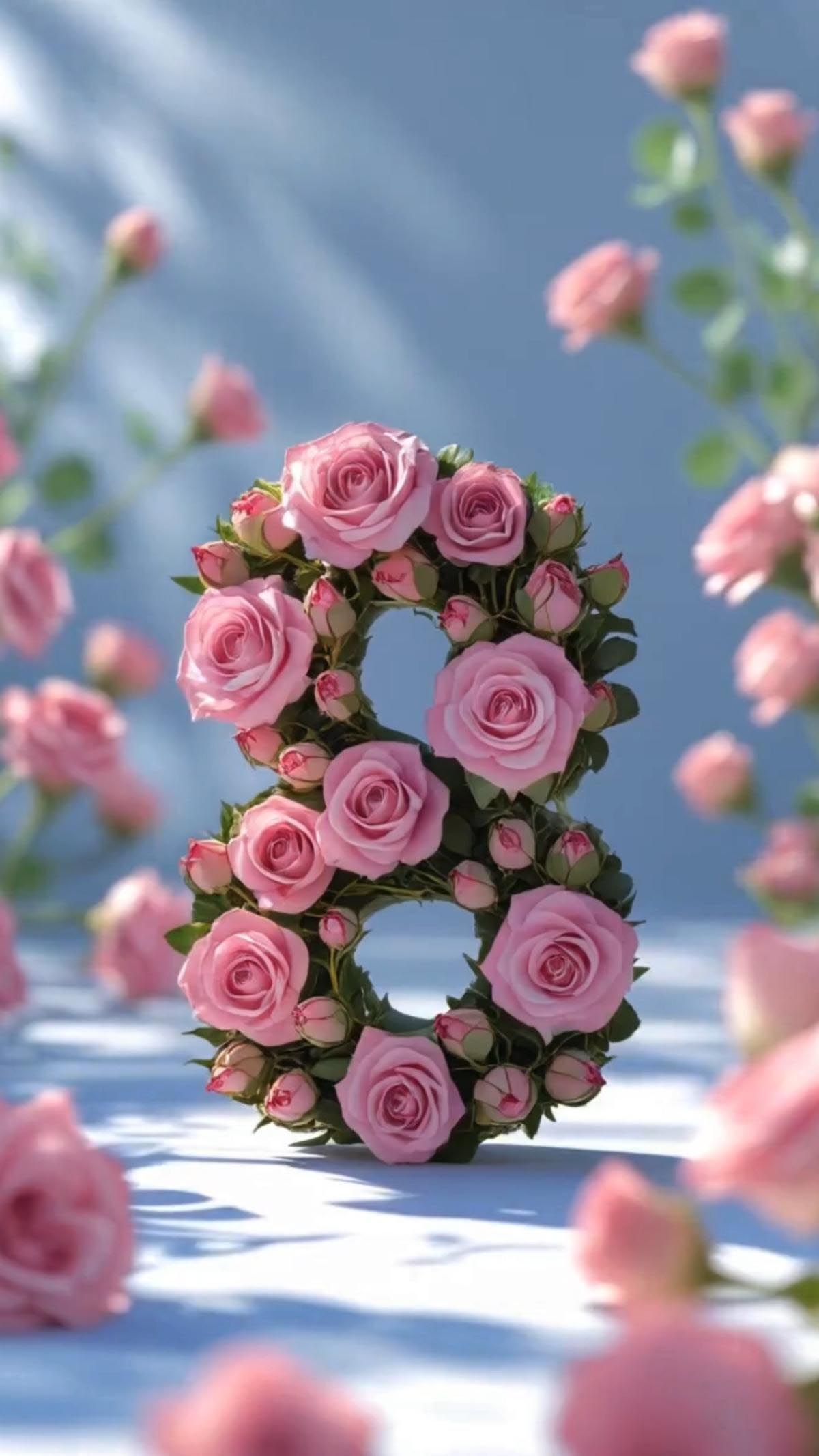 Открытка с Международным Женским Днем 8 марта. Без текста. Восьмерка из цветов.