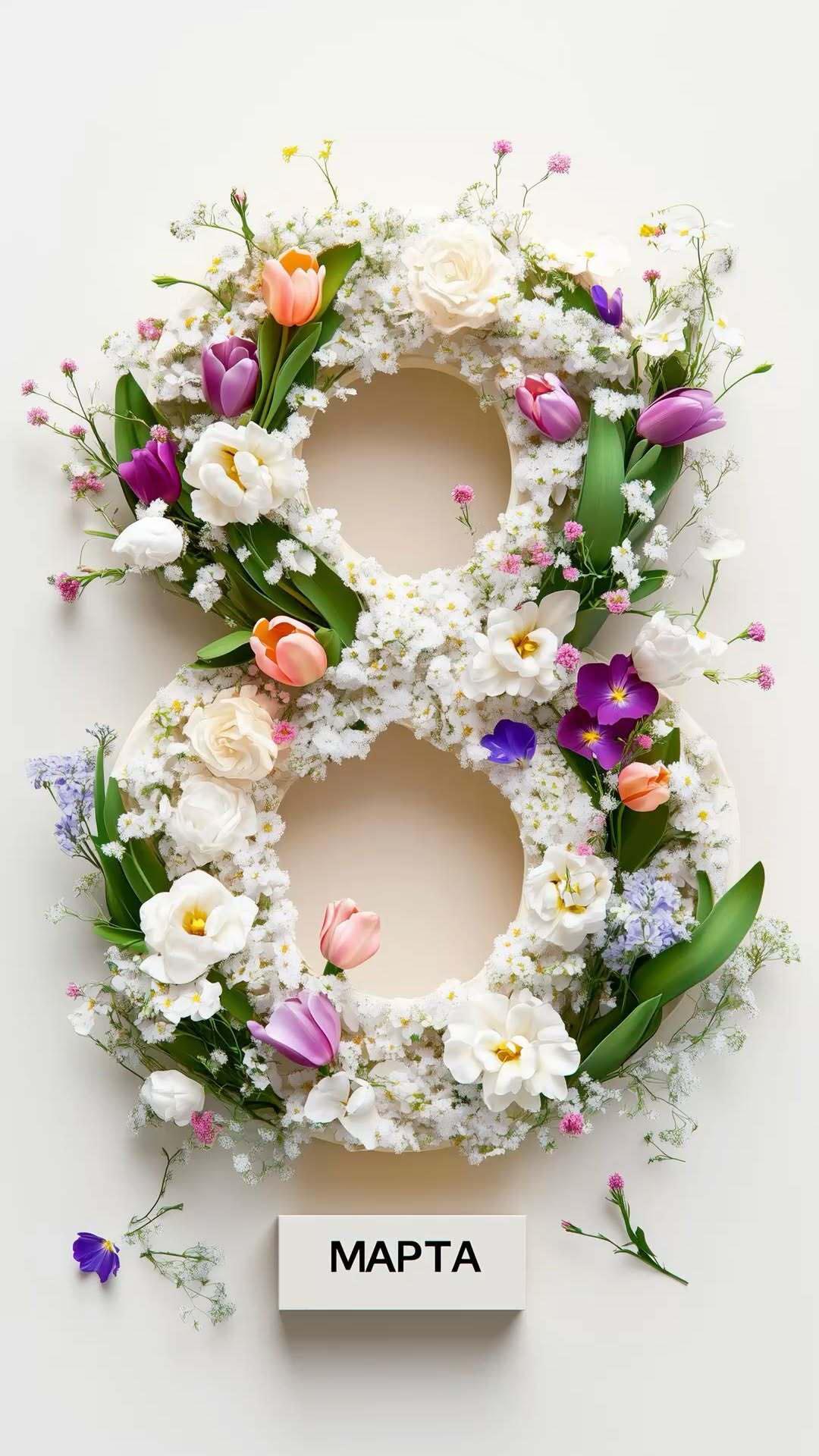 Открытка с Международным Женским Днем 8 марта. Восьмерка из цветов.