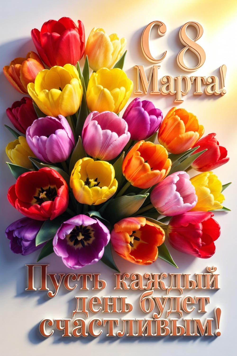 Открытка с Международным Женским Днем 8 марта. Тюльпаны. Пусть каждый день будет счастливым!