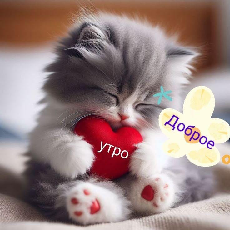Открытка с добрым утром. Котенок с сердечком.