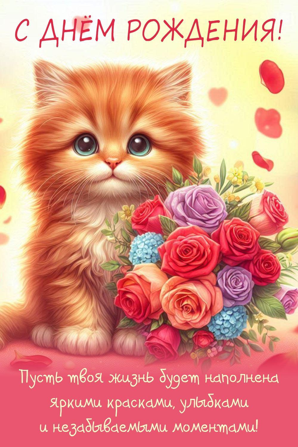 Открытка с днем рождения. Котенок с цветами и красивые пожелания.