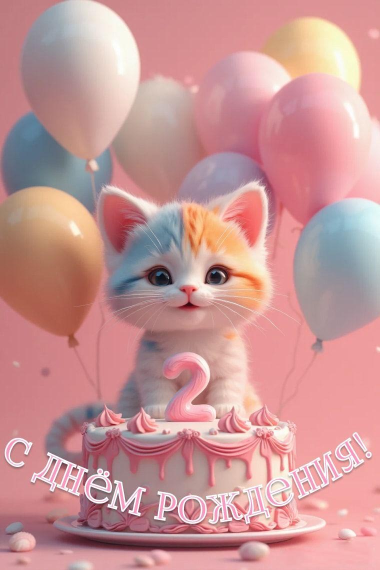 Открытка с днем рождения ребенку на 2 года. Котенок, торт, шарики.
