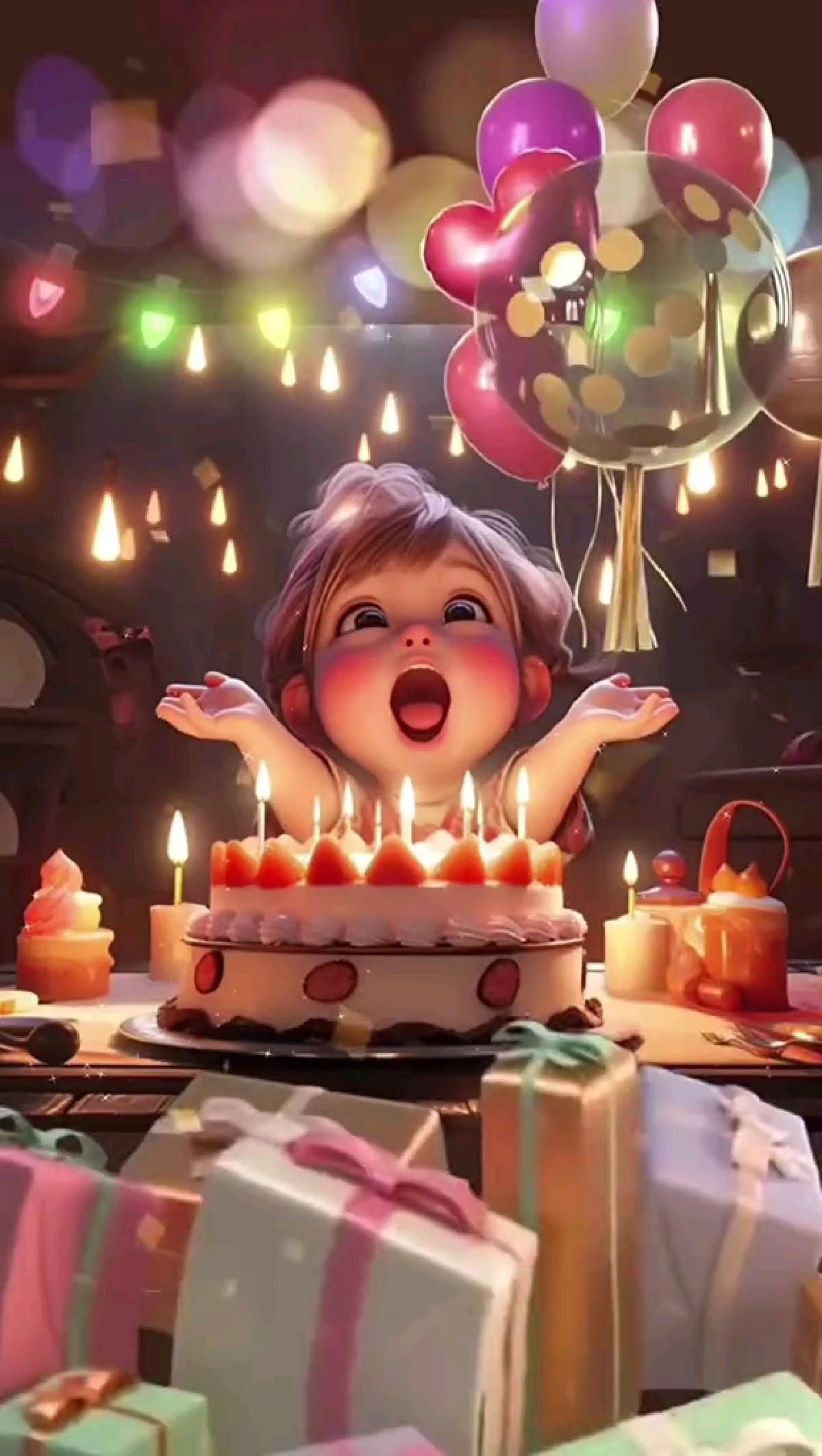 Открытка с днем рождения ребенку. Девочка с тортиком и шариками. Без текста.