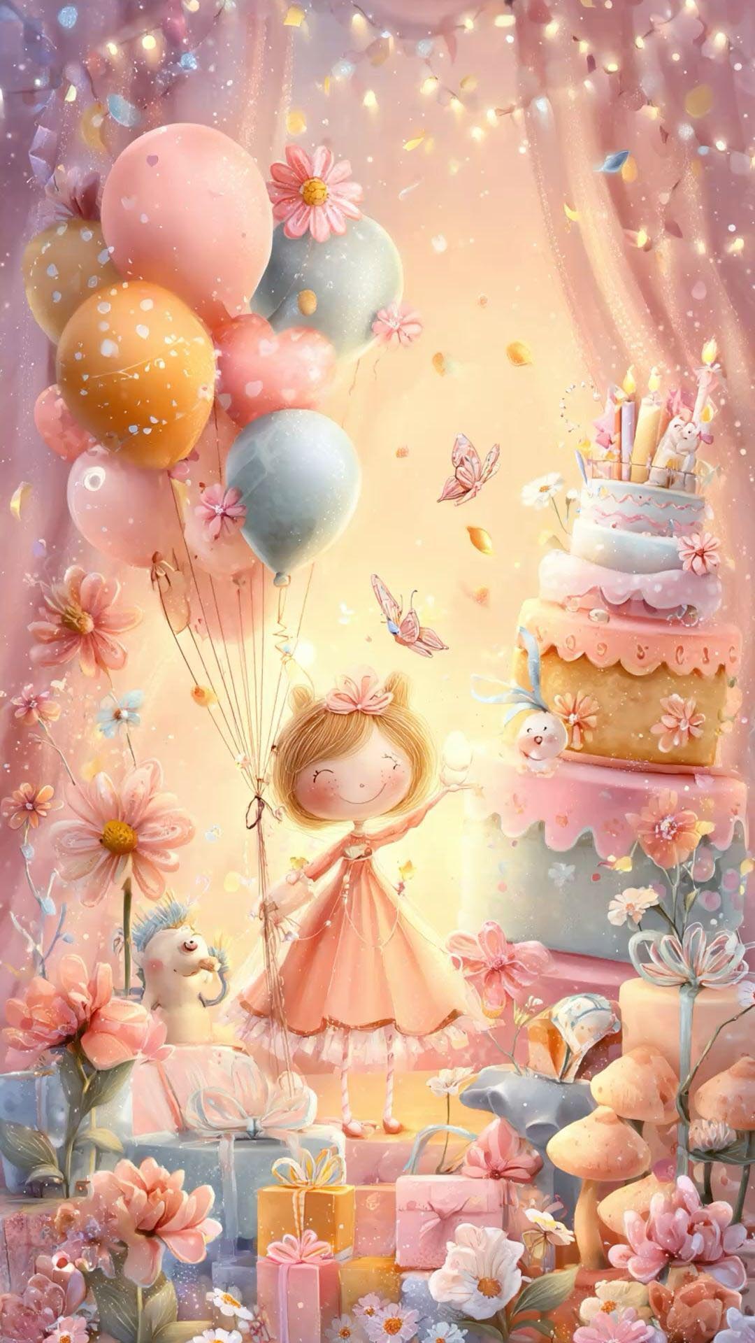 Открытка с днем рождения ребенку. Без текста. Девочка, торт, подарки, шарики.