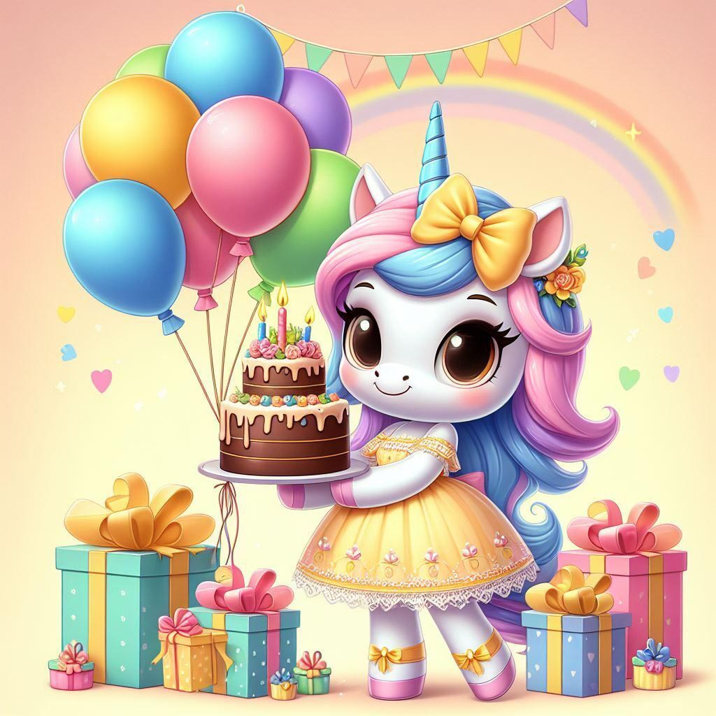 Открытка с днем рождения ребенку. Без текста. Девочка-единорожек с тортом, подарки и шарики.
