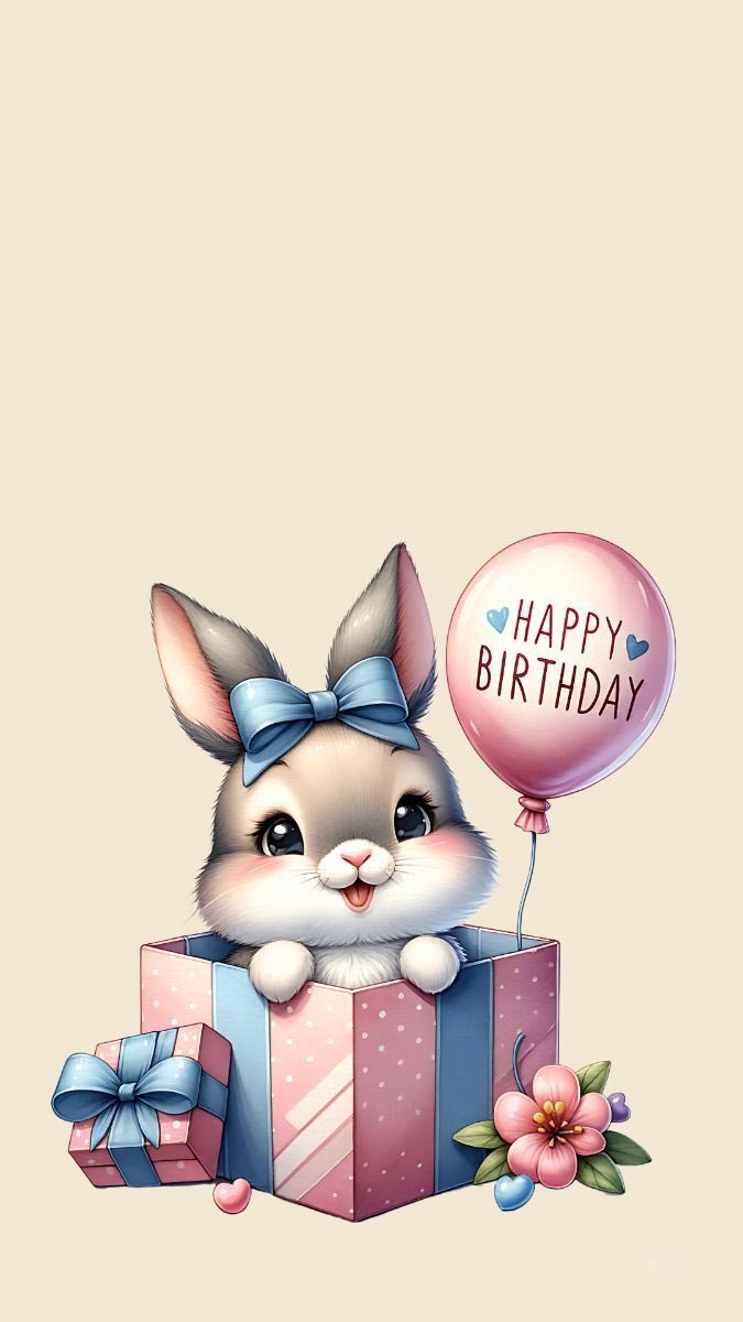 Открытка с днем рождения ребенку. Happy Birthday. Зайчик с шариком, подарки.