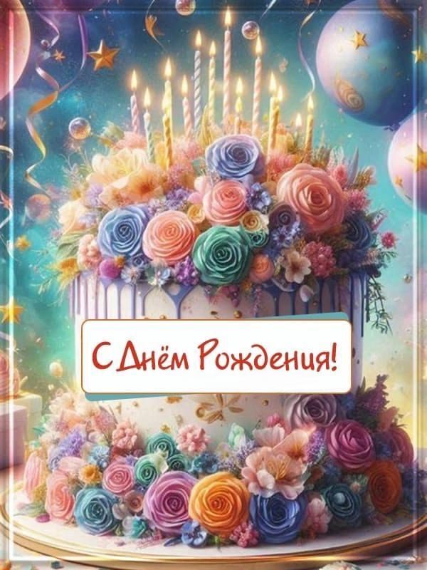 Открытка с днем рождения. Тортик и шарики.