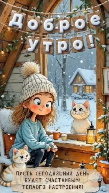 Открытка с добрым зимним утром. Пусть сегодняшний день будет счастливым! Теплого настроения! Девочка, котики.