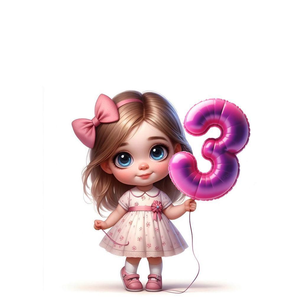 Открытка с днем рождения ребенку 3 года. Девочка с шариком в виде цифры 3.
