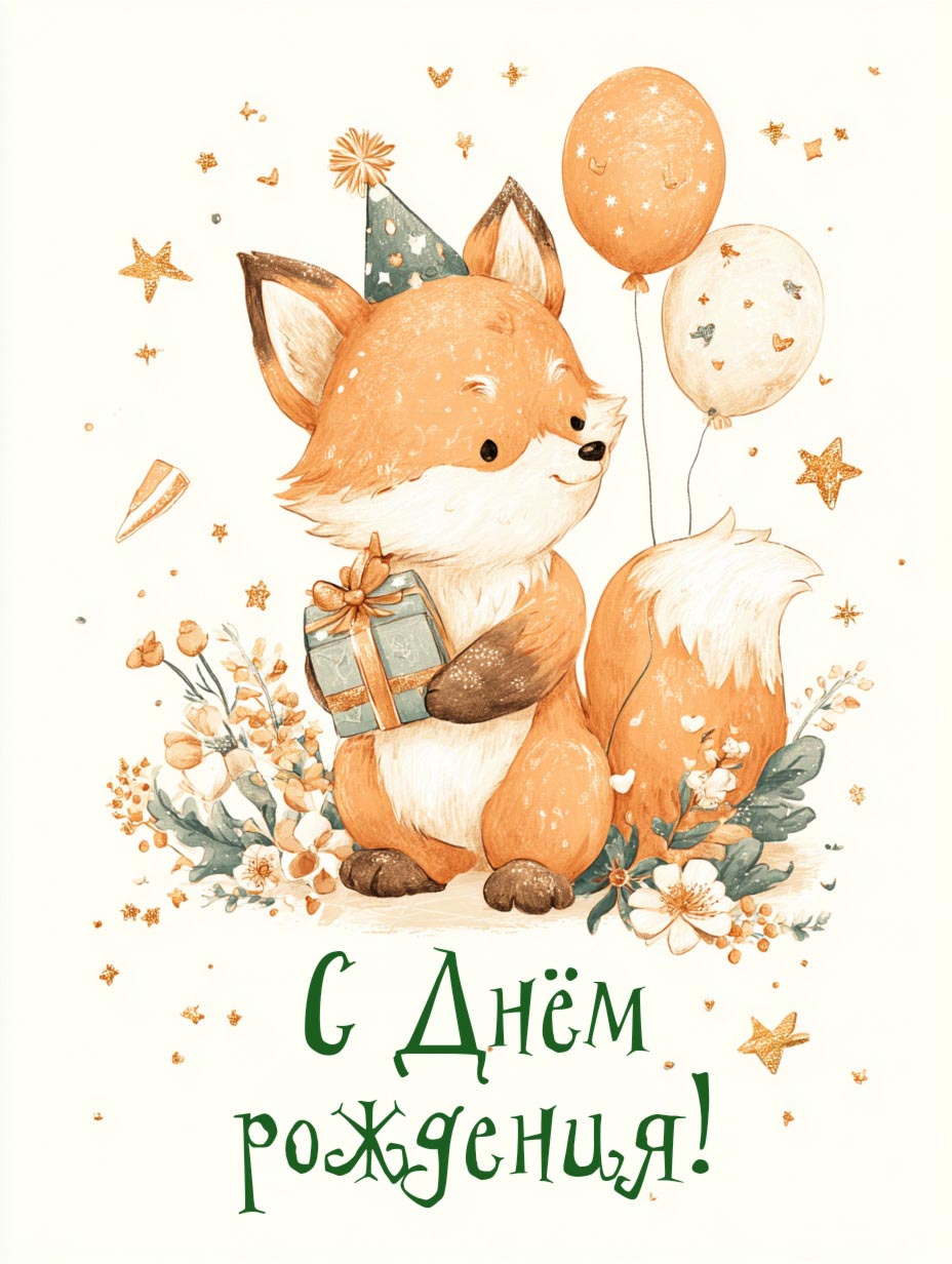 Открытка с днем рождения ребенку. Лисичка с подарком.