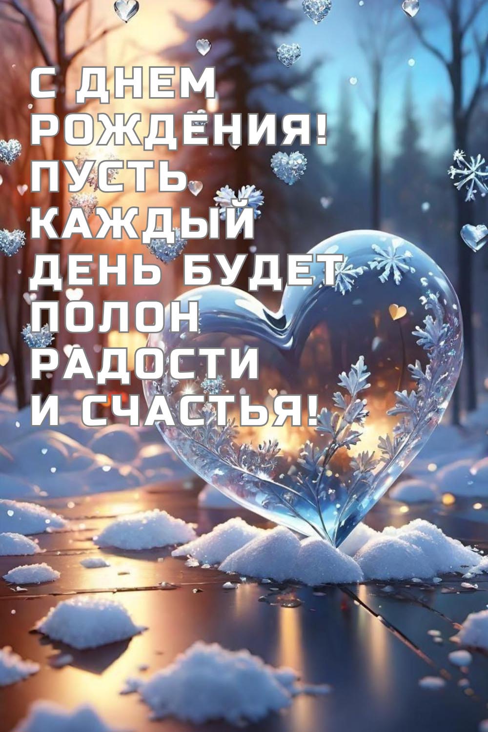 Открытка с днем рождения зимой. Снег, сердечко. Пусть каждый день будет полон радости и счастья!