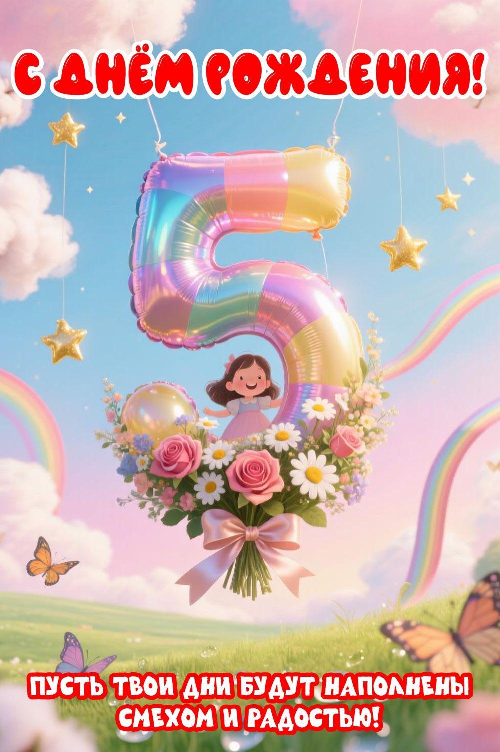 Открытка с днем рождения ребенку на 5 лет. Девочка, цветы. Пусть твои дни будут наполнены смехом и радостью!