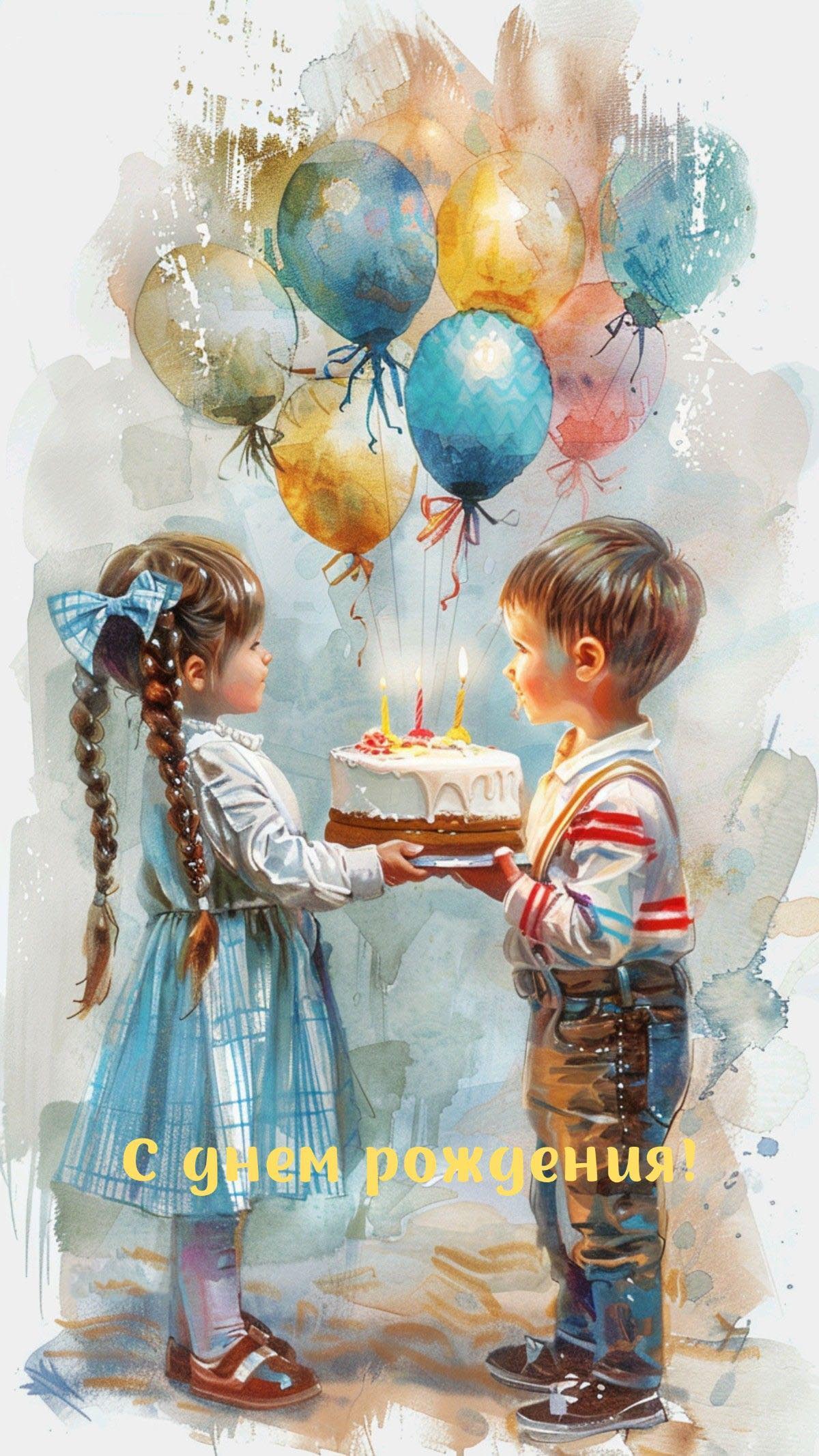 Открытка с днем рождения ребенку. Мальчик и девочка с тортиком, шарики.