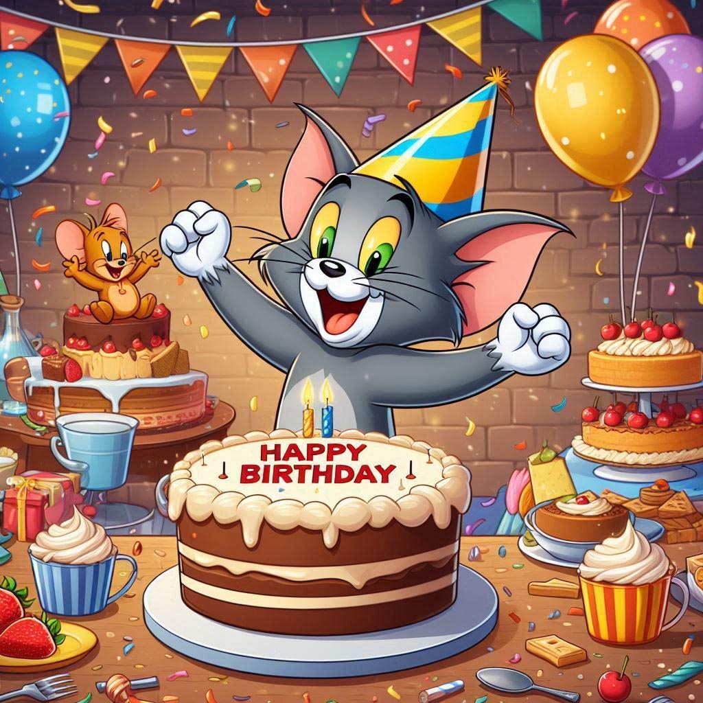 Открытка с днем рождения ребенку. Happy Birhtday. Том и Джерри. Сладости, шарики.