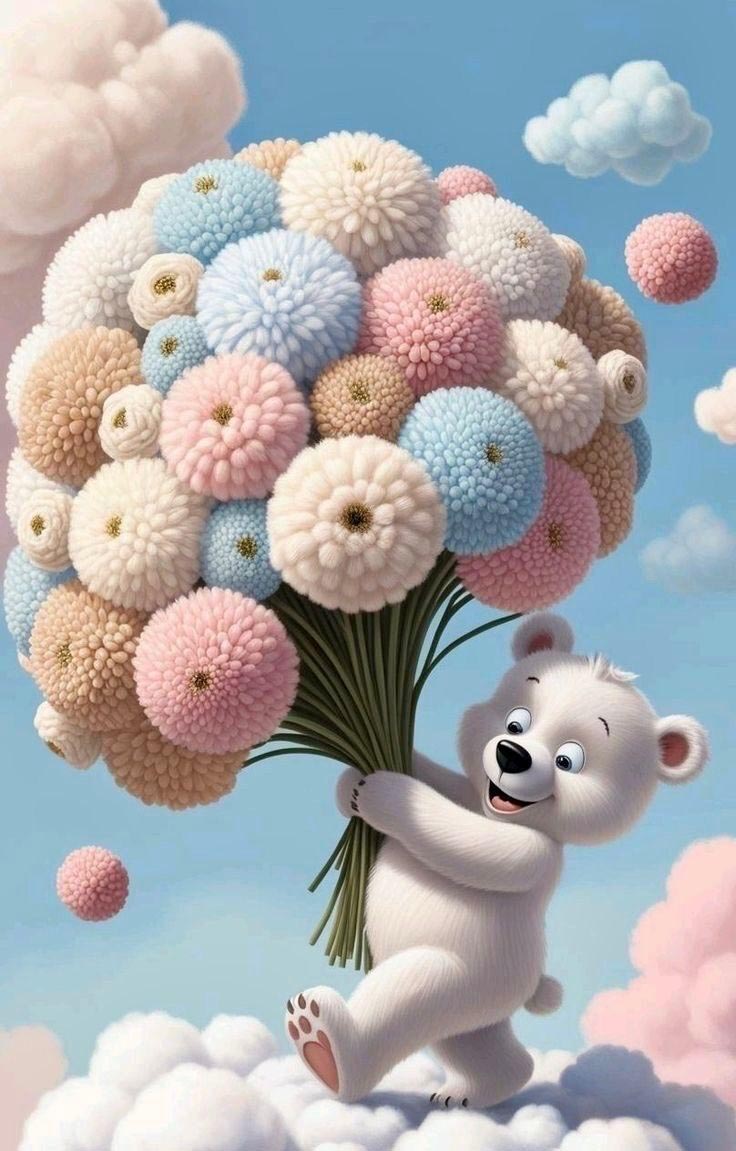 Открытка с днем рождения ребенку. Без текста. Мишка с цветами идет по облакам. Открытка с днем рождения ребенку. Без текста. Мишка с цветами идет по облакам.