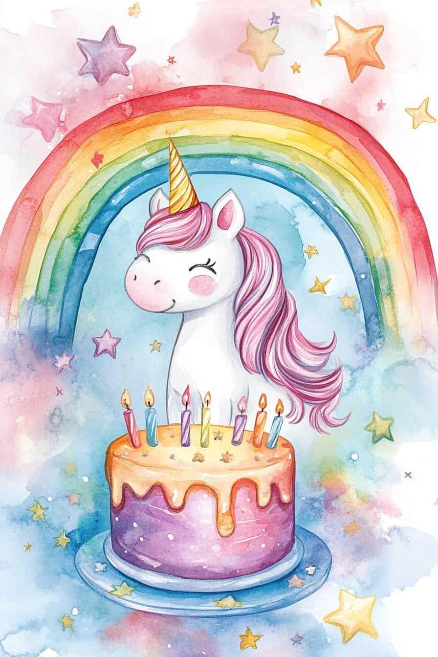 Открытка с днем рождения ребенку. Без текста. Единорожек, торт, радуга.