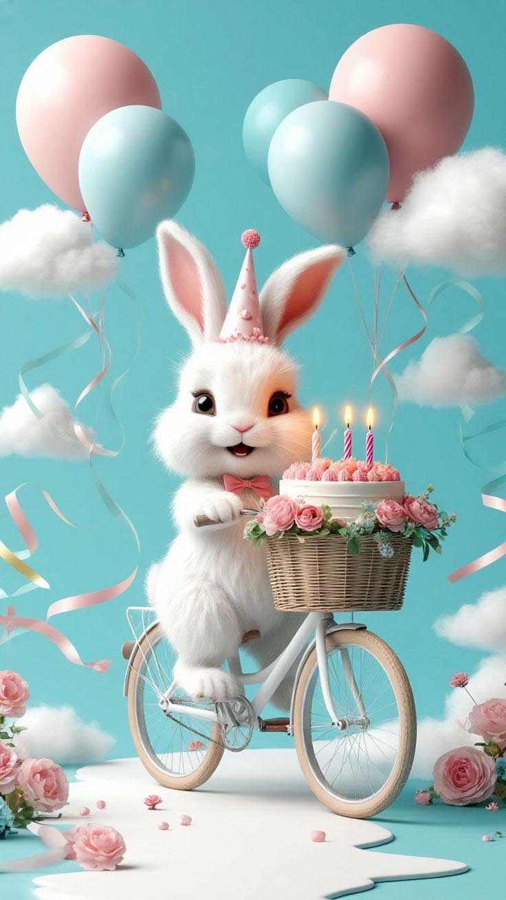 Открытка с днем рождения ребенку. Без текста. Зайчик на велосипеде, торт, шарики.