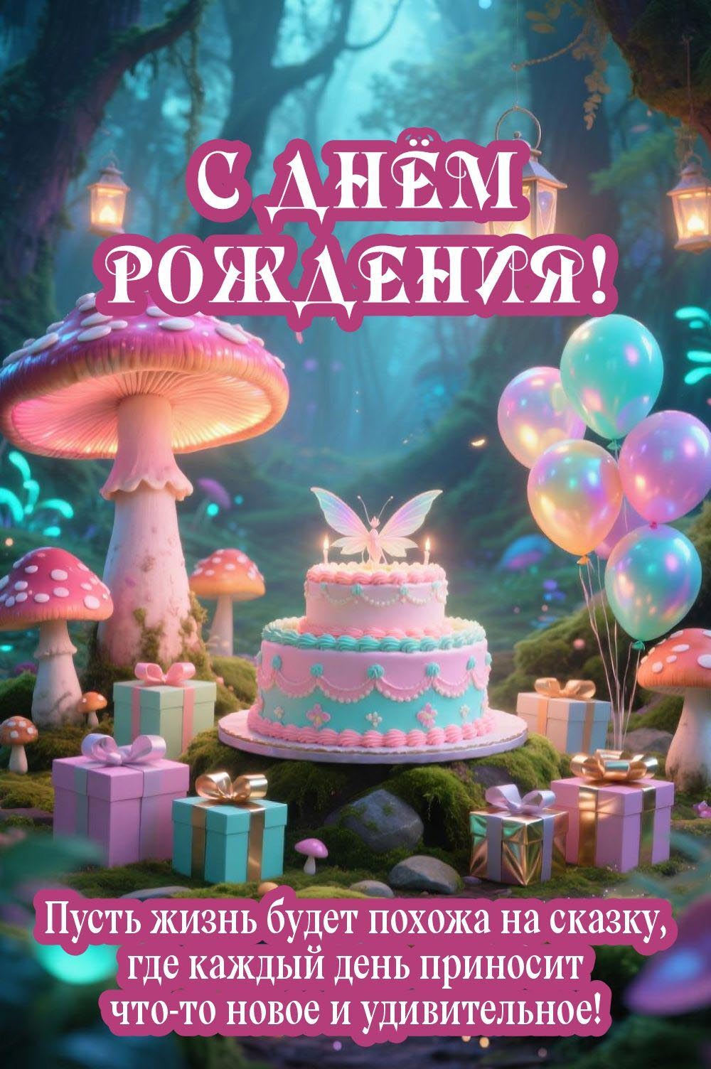 Открытка с днем рождения ребенку. Сказочный лес, подарки, шарики. Пусть жизнь будет похожа на сказку, где каждый день приносит что-то новое и удивительное!