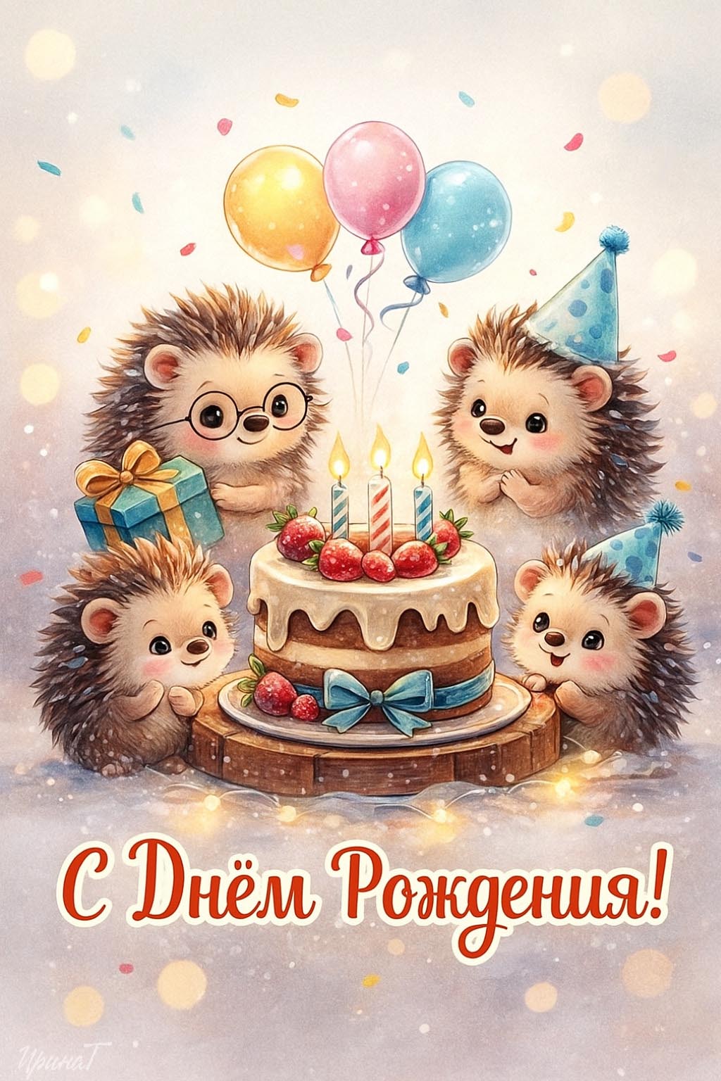 Открытка с днем рождения ребенку. Ежики, тортик, шарики.