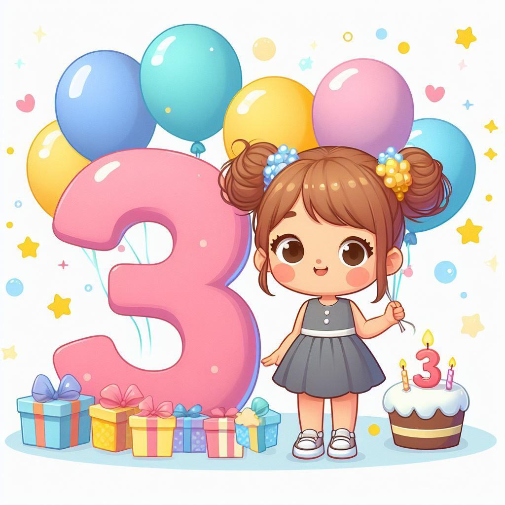 Открытка с днем рождения ребенку на 3 года. Девочка с шариками и подарками.