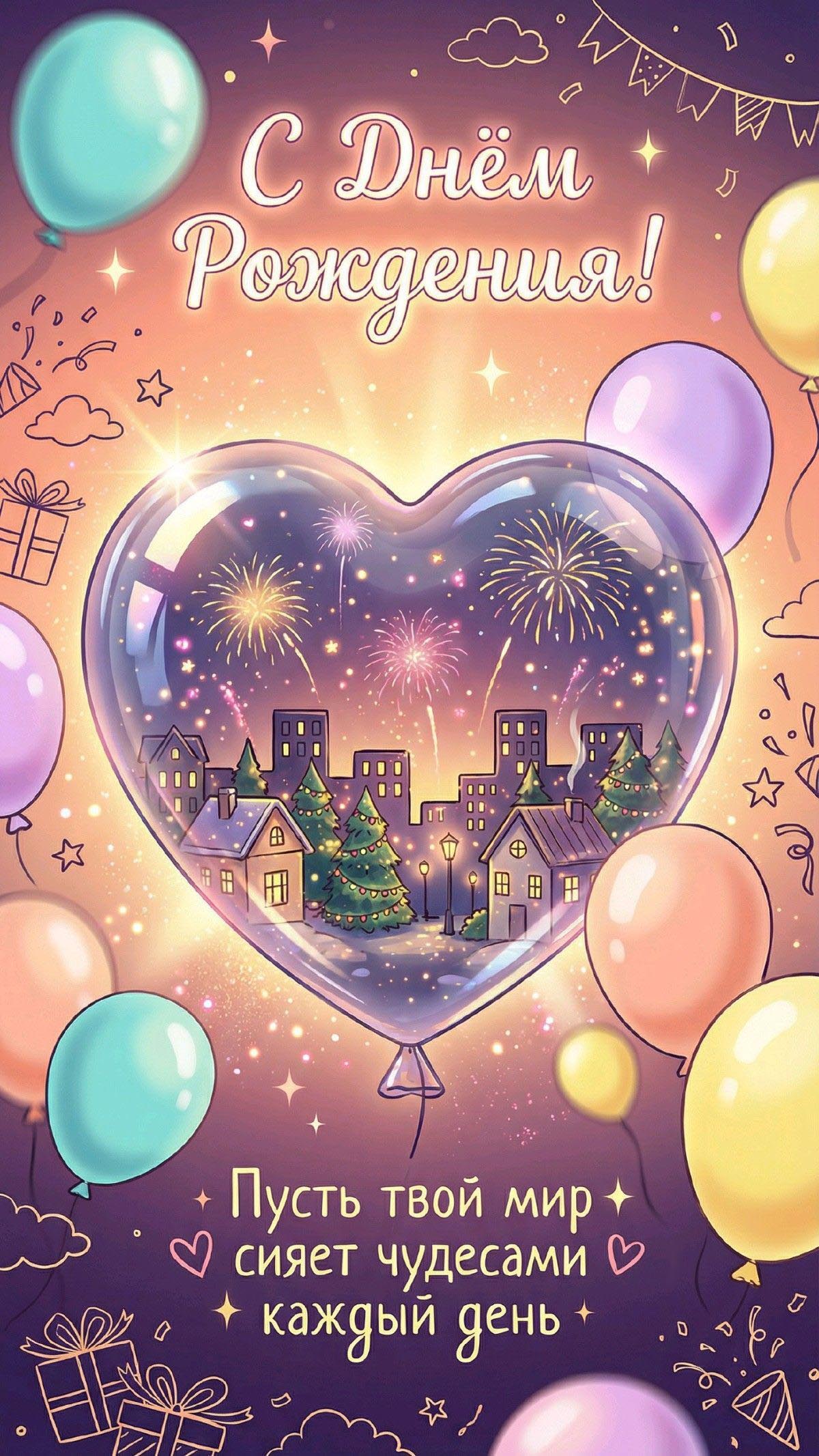 Открытка с днем рождения ребенку. Шарики, сердечко. Пусть твой мир сияет чудесами каждый день.