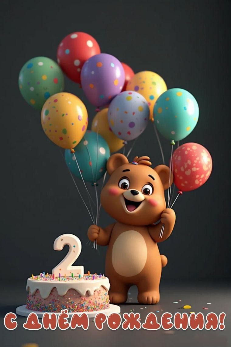 Открытка с днем рождения ребенку на 2 года. Мишка с шариками и тортом.