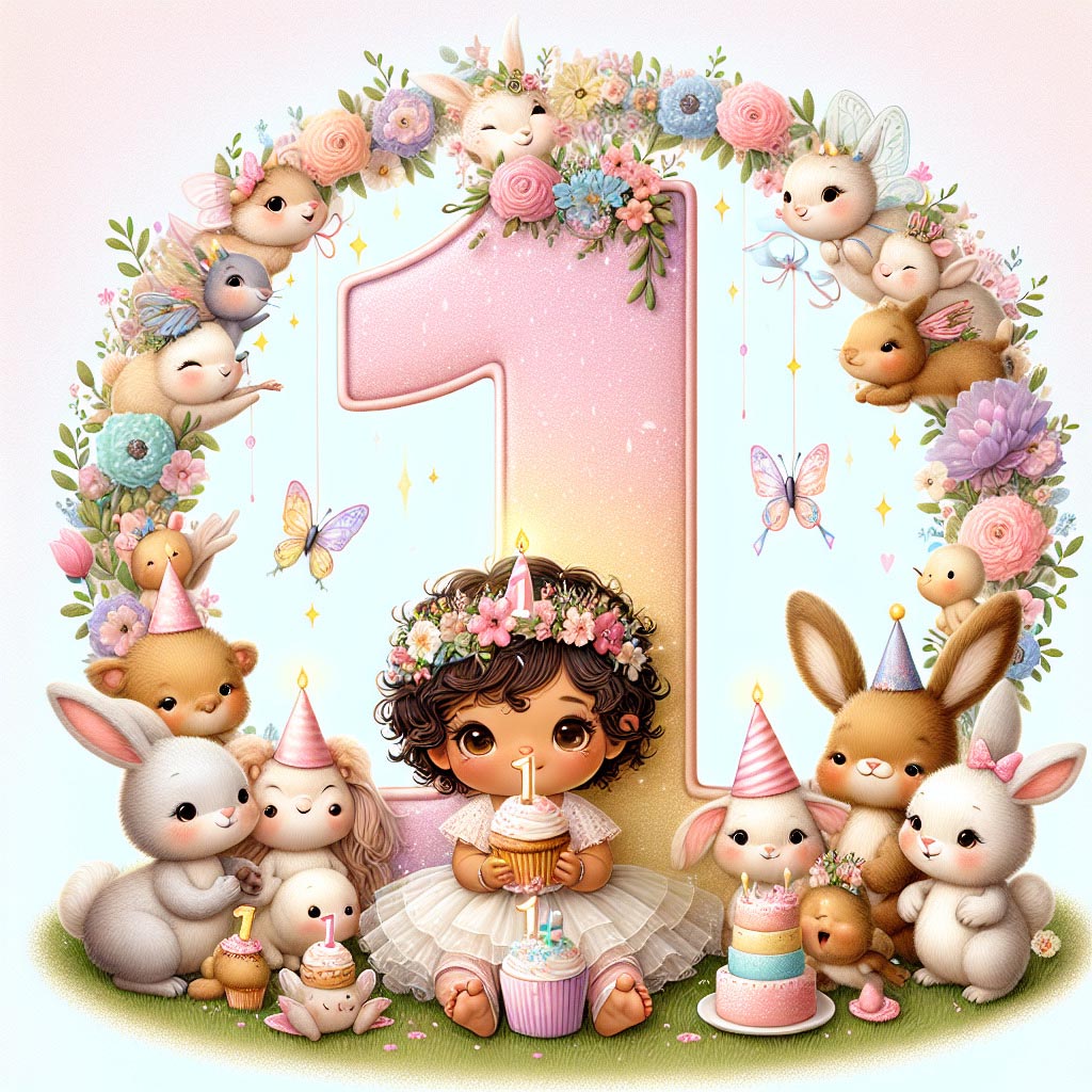 Открытка с днем рождения ребенку на 1 годик. Девочка, зайчики.
