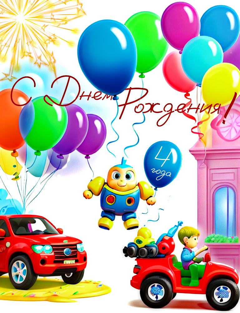 Открытка с днем рождения мальчику на 4 года. Шарики и автомобильчики.