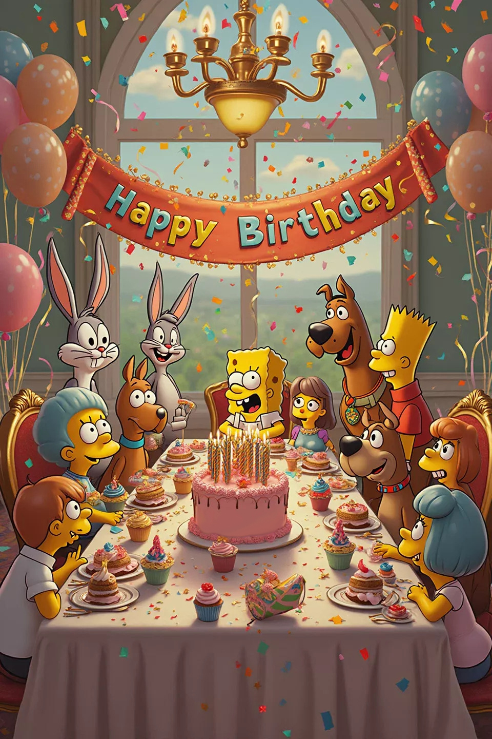 Открытка с днем рождения женщине прикольная с юмором. Happy Birthday. Американские мультяшные герои за праздничным столом.