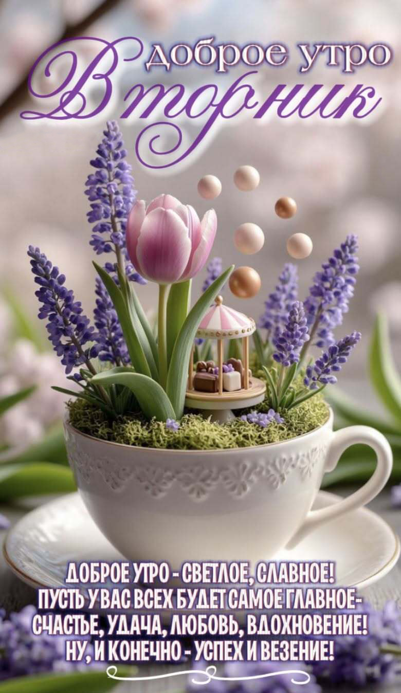 Открытка на вторник. Пожелания, цветы.